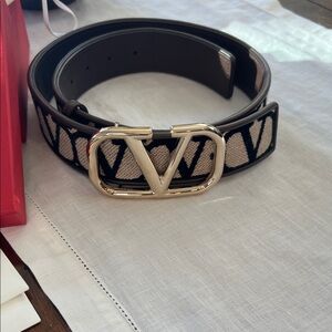 Valentino Black and Cream Belt with Gold Buckle